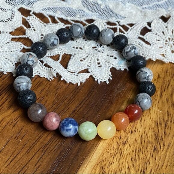 Handmade crystal bracelet // picture & lava stone Jasper, chakra // 7” wrist - Picture 1 of 2